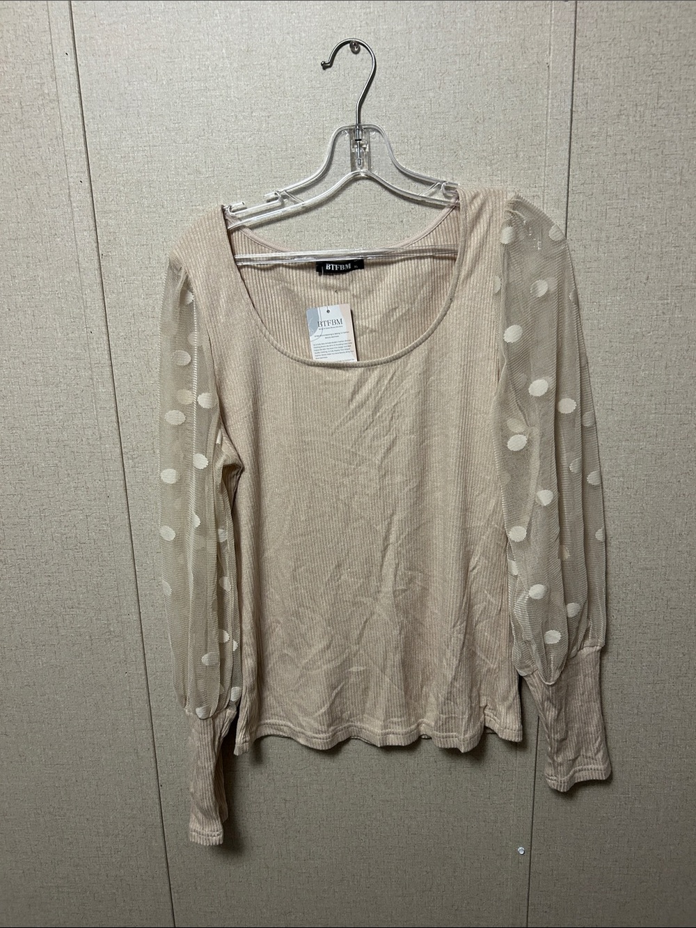 RT1912 Beige Scoop Neck Long Sleeve Top with Polka Dot Mesh Sleeves